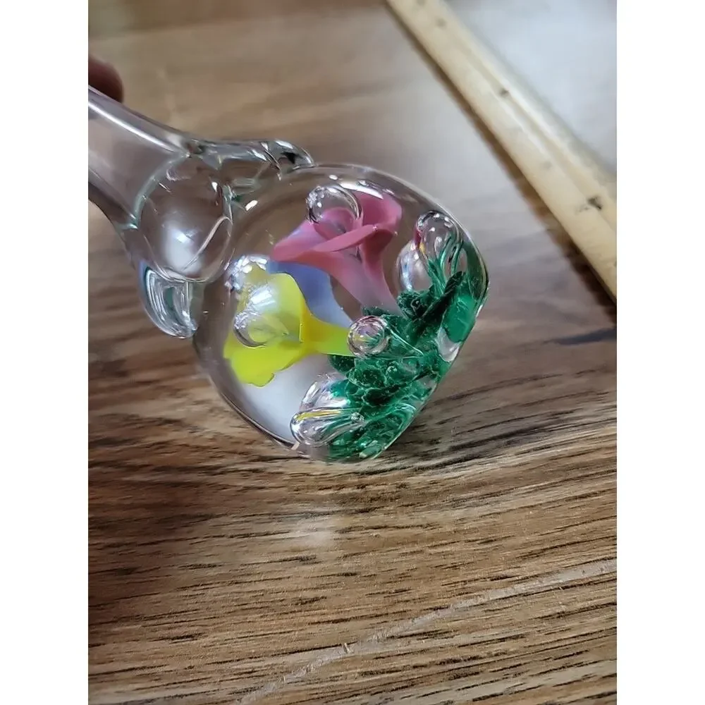 Vintage Retro Blue Yellow Glass Pink Trumpet Floral Paperweight Vase